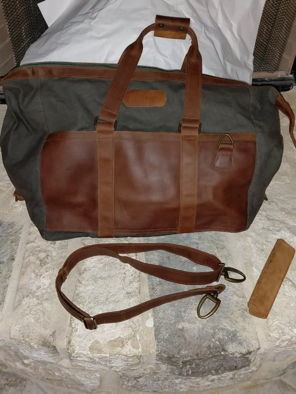Vintage Jon Hart Large Weekender Duffel Bag Olive Canvas Brown Leather Strap
